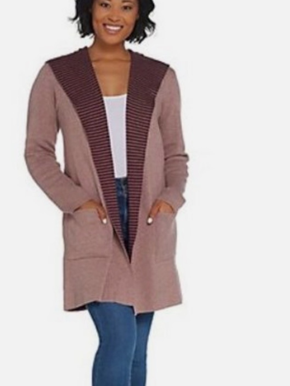 d&co Denim & Co Open Front Hooded Cardigan Stripe Interior Longline Size S